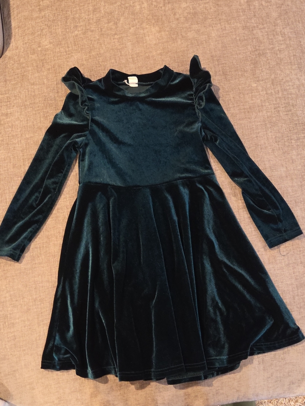 SHEIN Dark Green Velvet Long Sleeve Ruffle Shoulder Dress